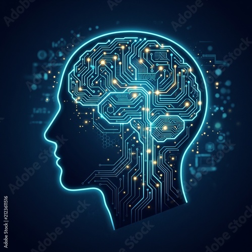 Digital Brain Circuitry: AI Human Head Outline with Glowing Technology Connections