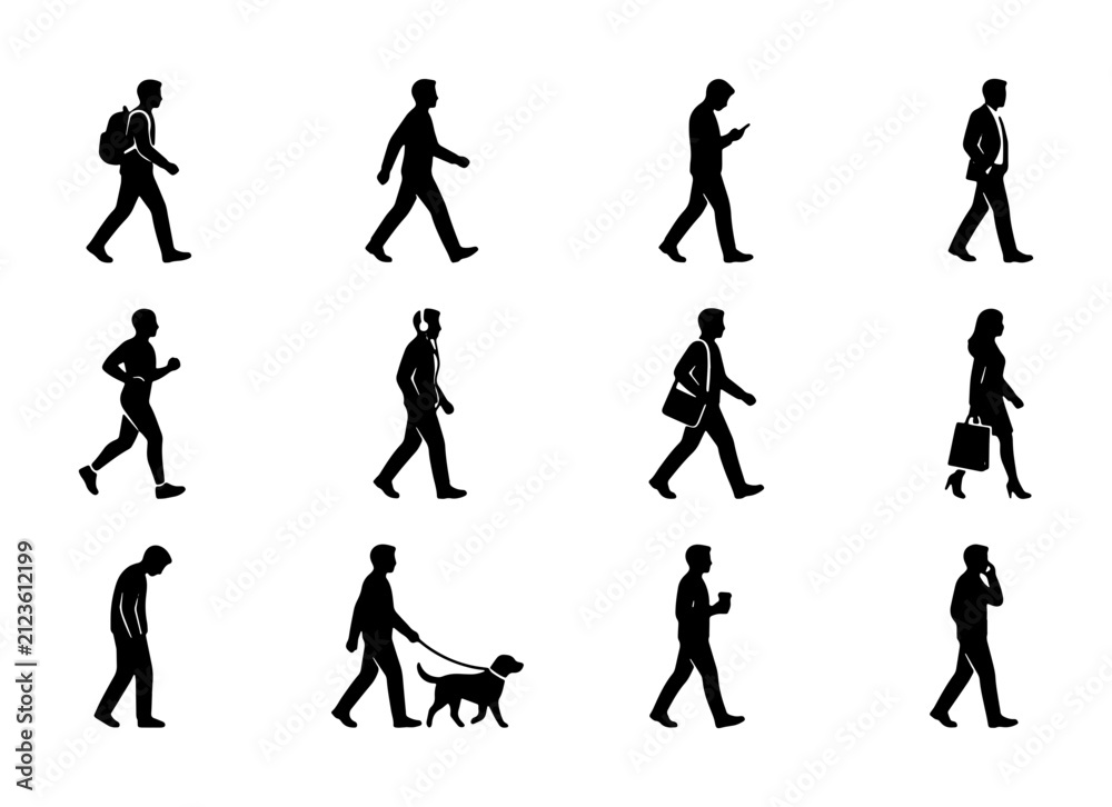 Obraz premium Diverse Human Silhouettes Collection, 12 Walking and Running Poses, Business and Casual Figures, Vector Icons for Mobility and Activity Concepts