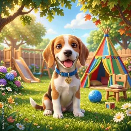 Happy Beagle Puppy Playing in Sunny Backyard with Toys and Teepee