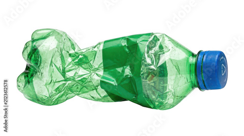 Crushed empty green plastic bottle isolated on transparent background