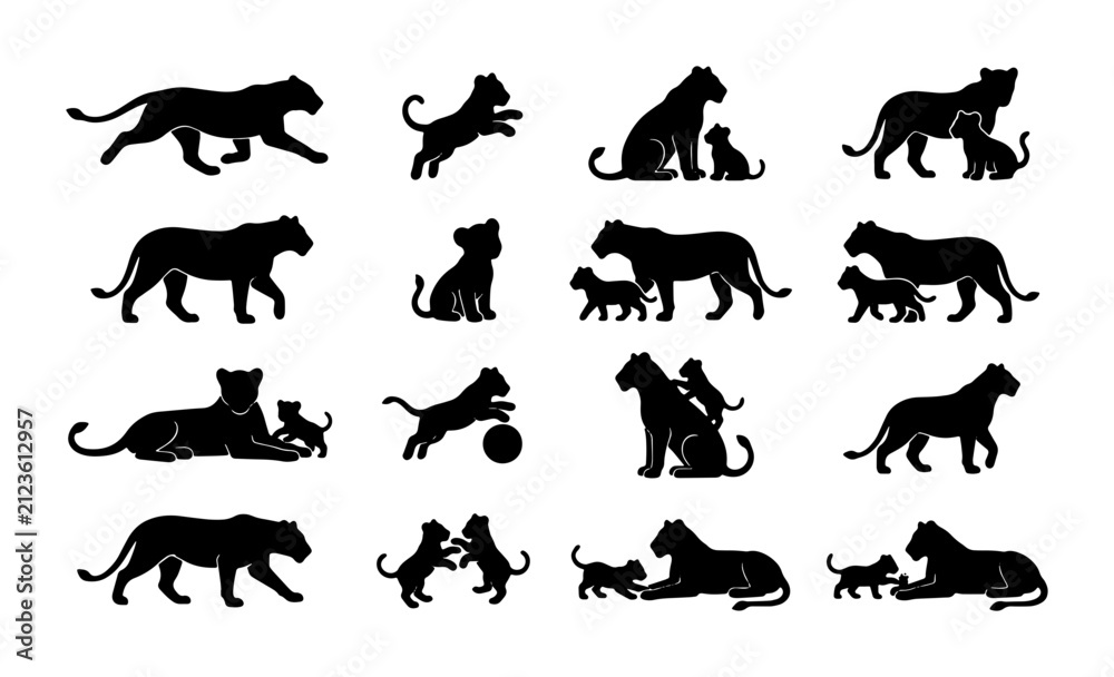 Fototapeta premium Silhouette Big Cat Family Vector Icons, Majestic Lion and Cub Poses, Wild Animal Graphics for Nature and Wildlife Designs