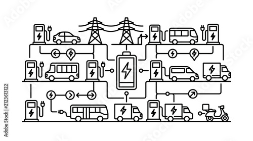Modern Black and White of Electric Vehicle Charging Network and Smart Grid System with Icons with high quality professional line art symbols for modern creative design and digital branding projects