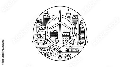Clean Minimalist Black and White Line Art Infographic of Sustainable Smart City Concept with Wind Turbines Solar Panels Vehicles and Urban Elements
