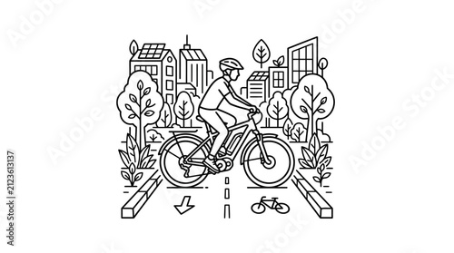 Minimalist Black and White Line of Urban Cyclist with Eco Friendly City and Bicycle Path with high quality professional line art symbols for modern creative design and digital branding projects
