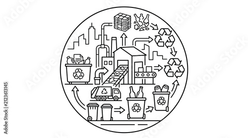 Elegant Black and White Circular Diagram of Recycling Process and Waste Management System with high quality professional line art symbols for modern creative design and digital branding projects