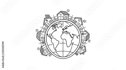 Professional Black and White Line Drawing of Globe Surrounded by Renewable Energy and Technology Icons