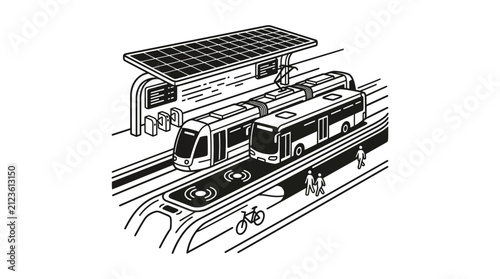 Professional Isometric Black and White of Modern Tram Powered by Solar Panel with Pedestrians Cyclists and Public Transit Symbols
