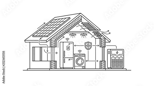 Minimalist Black and White Line Drawing of Smart Home Energy System with Solar Panels Appliances and Battery Storage