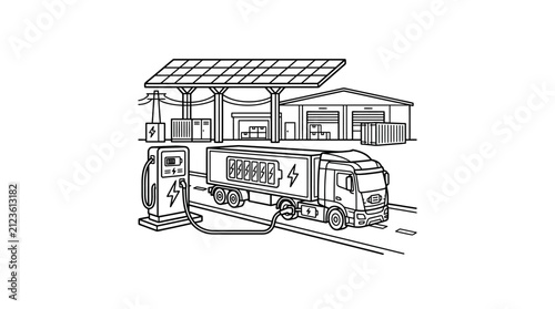 Clean Black and White Line Drawing of Electric Truck Charging Station with Solar Panels and Energy Symbols