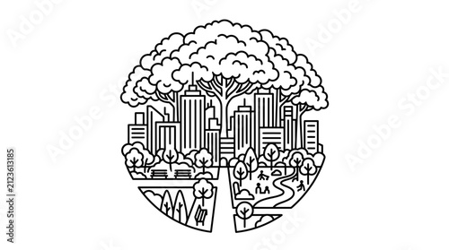 Clean Black and White Line Art of Tree with Urban Cityscape Inside Its Branches and Nature Below