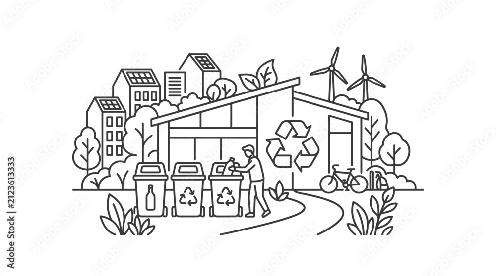 Obraz premium Elegant Black and White Line Drawing of Sustainable Urban Living with Recycling Wind Turbines and Eco Friendly Buildings