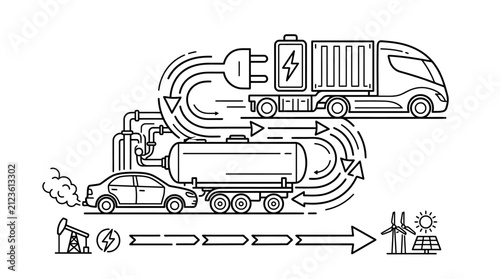 Elegant Black and White Line Art Infographic Showing Energy Transition from Fossil Fuels to Renewable Electric Vehicles