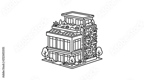 Professional Black and White Line Drawing of Eco Friendly Vertical Urban Building with Greenery and Planters