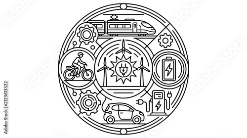 Clean Black and White Line Art Infographic Showing Sustainable Transportation Energy and Technology Icons