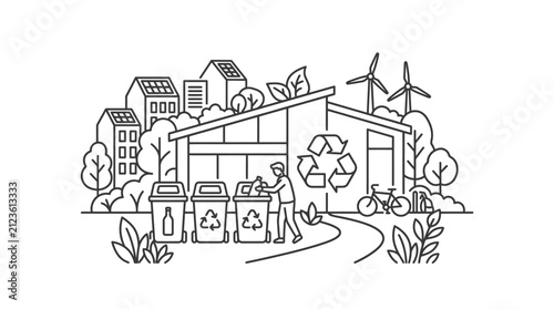 Elegant Black and White Line Drawing of Sustainable Urban Living with Recycling Wind Turbines and Eco Friendly Buildings