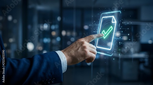 A business professional interacting with a digital holographic interface showing a document approval checkmark in a modern dark office environment