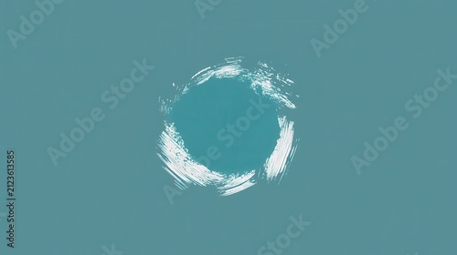 White brush stroke circle on teal background. Hand drawn artistic ring frame design.