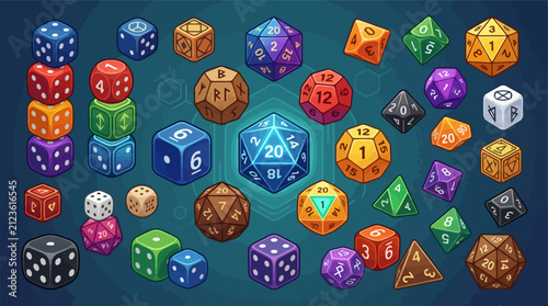 Assorted polyhedral dice for tabletop gaming and roleplay