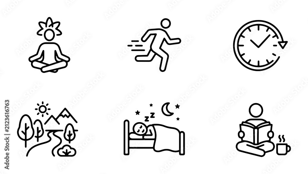Fototapeta premium Mindfulness Meditation, Running, Time Management, Nature Landscape, Sleep, Reading Icons Set. Vector Lifestyle Symbols for Health and Wellness.