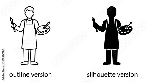 Foto Artist Iconography: An artist icon presented in both outline and silhouette forms, holding a palette and brush, symbolizing creativity and artistic expression