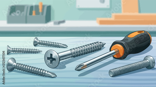 Cuadro en lienzo Phillips screwdriver and various metal screws on a workbench