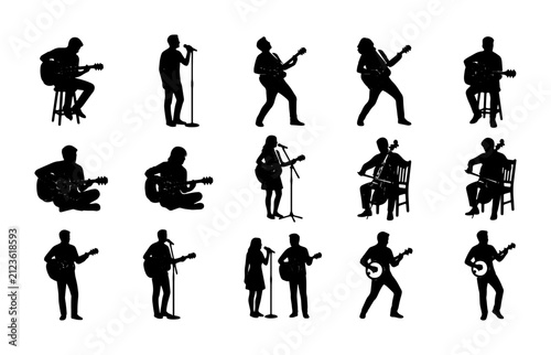 Diverse Musician Silhouettes Collection: Guitarists, Singers, and Band Members Performing, Vector Set for Music Events and Entertainment Graphics