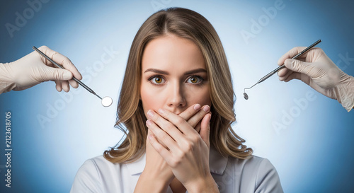Woman covering mouth, dental tools approaching, symbolizing fear or anxiety about dental procedures, representing a patient's apprehension before treatment.