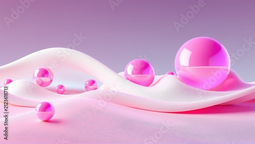 Pink spheres rest upon flowing white surface. Soft lighting creates gentle gradients, minimalist composition. Abstract, smooth forms dominate scene.