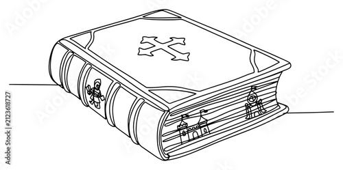 Bild auf Leinwand Ancient Medieval Book with Cross and Ornate Spine Continuous Line Art for Histor