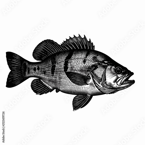 Detailed Black and White Illustration of a Bass Fish with Intricate Scales