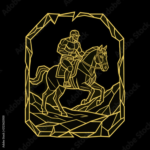 Knight Riding Horse Through Glowing Geometric Frame