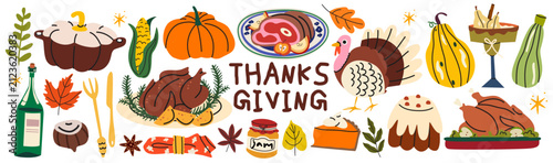 Thanksgiving dinner food and autumn harvest elements collection in retro cartoon style for stickers, greeting cards, seasonal decor. Roasted turkey, pumpkin, pie, corn, pilgrim hat and leaves