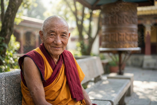 A serene close portrait of a wise elderly Buddhist monk in traditional maroon and saffron robe, smiling warmly while sitting peacefully near a large prayer wheel.