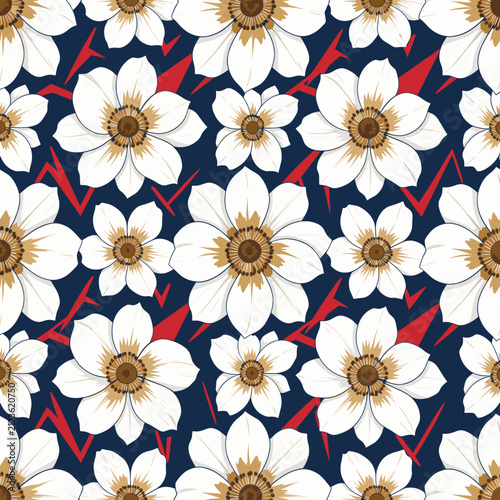White Floral Pattern with Red Lightning Bolts on Dark Blue Background