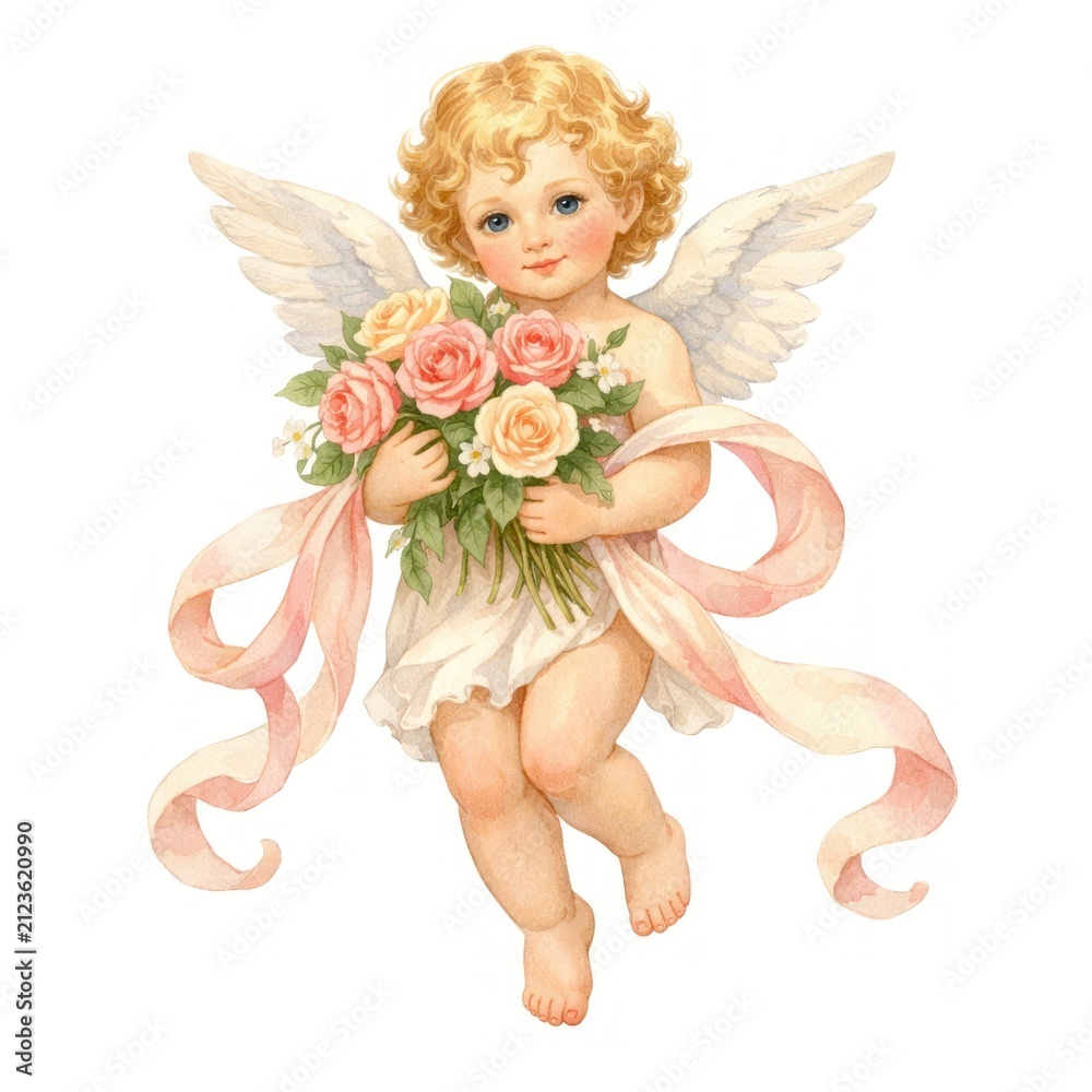 Obraz premium Cherubic angel holding pink roses.