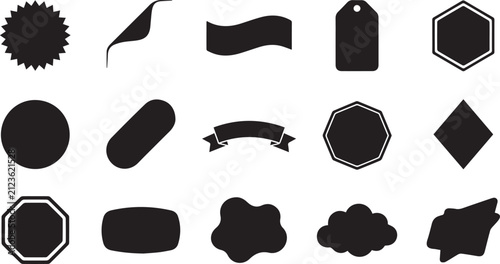 A collection of various black silhouette shapes including vintage labels badges ribbons tags and decorative frames for graphic design and branding projects