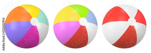Three colorful beach balls with vibrant, multicolored segments.