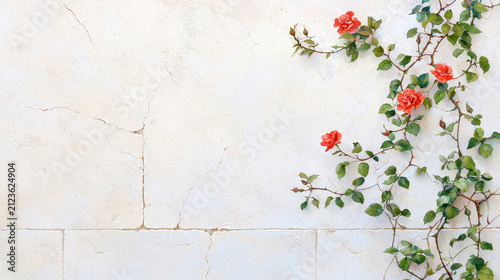 Delicate roses bloom against textured wall, creating serene and inviting atmosphere. soft colors enhance natural beauty of scene