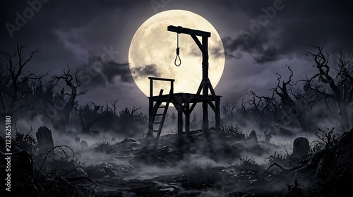 Wooden gallows under a full moon. Scary execution platform in a dark foggy forest.