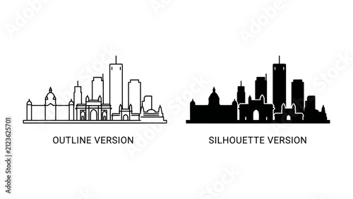 Canvastavla Cityscape Duo: A comparative depiction of a city skyline, presented in both a detailed outline and a stark silhouette, highlighting urban architectural forms