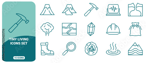 Foto Set of 15 geology and mining outline icons, featuring volcanoes, hammer, hard ha