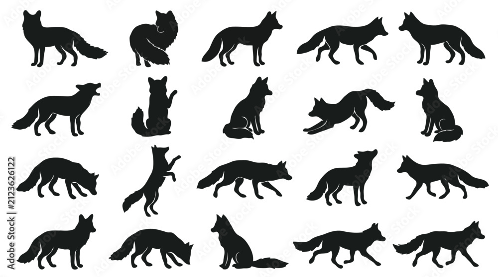 Obraz premium Fox silhouettes vector set isolated black wild fox poses and walking positions collection