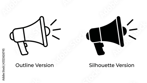 Cuadro en lienzo Megaphone Icon: A visual representation of communication and announcement, showcasing both an outline and silhouette version of a megaphone, symbolizing broadcasting and public address