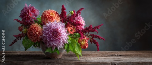 Colorful dahlia and amaranth bouquet in rustic vase on wooden table. Seasonal flower arrangement for home interior decor. Artistic floral still life composition with dark moody background.