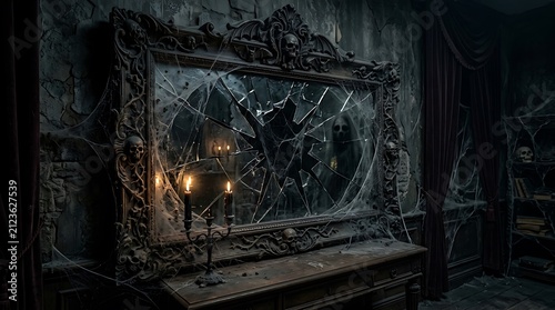 Shattered antique mirror with spiderwebs. Broken glass in a dark abandoned room.