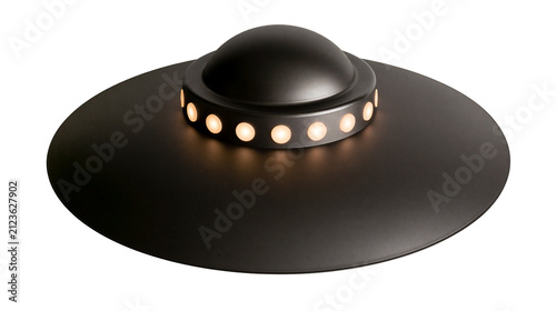 Fotografie Black matte flying saucer with illuminated ring, isolated on transparent backgro