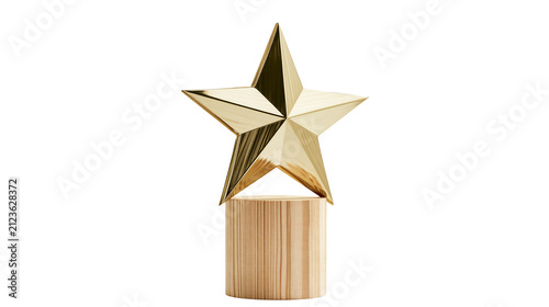 Polished golden star trophy mounted on a wooden cylinder, isolated on transparent background