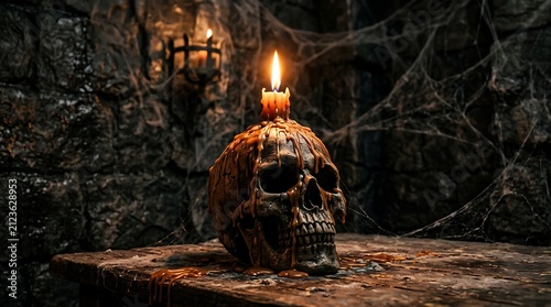 Skull candle holder with dripping wax. Spooky gothic decor for Halloween celebration.