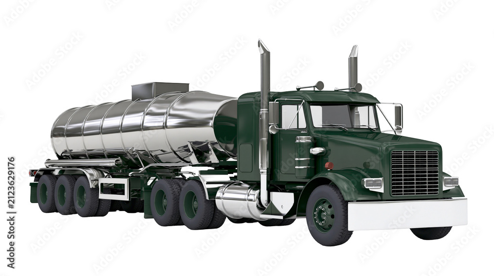 Obraz premium Dark green semi-truck with a polished chrome tanker trailer, isolated on transparent background