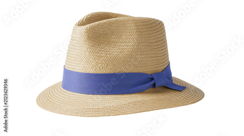 Cuadro en lienzo Woven straw fedora hat with blue ribbon band, isolated on transparent background